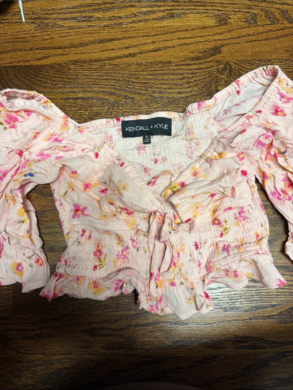 Kendall & Kylie Pink Floral Tie-Front Smocked Crop Top